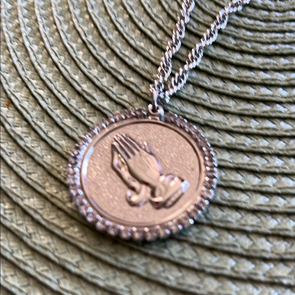 Round Silver Pendant Necklace with Praying Hands